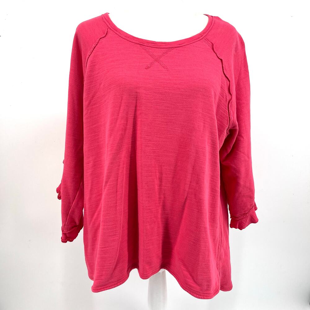 Soft Surroundings Pink 100% Cotton 3/4 Ruffle Sleeve Top‎ 1x asymmetric hem